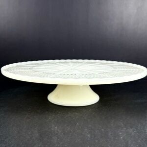 Vintage FK Anchor Hocking Milk Glass Pedestal Cake Plate Stand Fleur De Lis 10"
